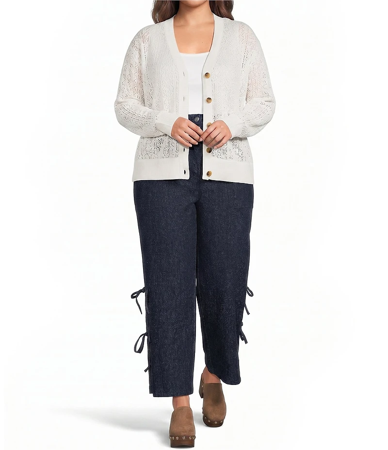 Sugarlips Plus Size Pointelle V-Neck Long Sleeve Button Front Cardigan