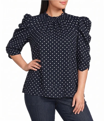 Sugarlips Plus Size Polka Dot Smocked Mock Neck Draped Sleeve Top