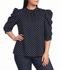 Sugarlips Plus Size Polka Dot Smocked Mock Neck Draped Sleeve Top
