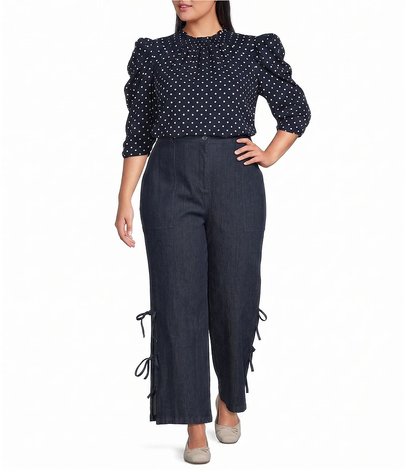 Sugarlips Plus Size Polka Dot Smocked Mock Neck Draped Sleeve Top