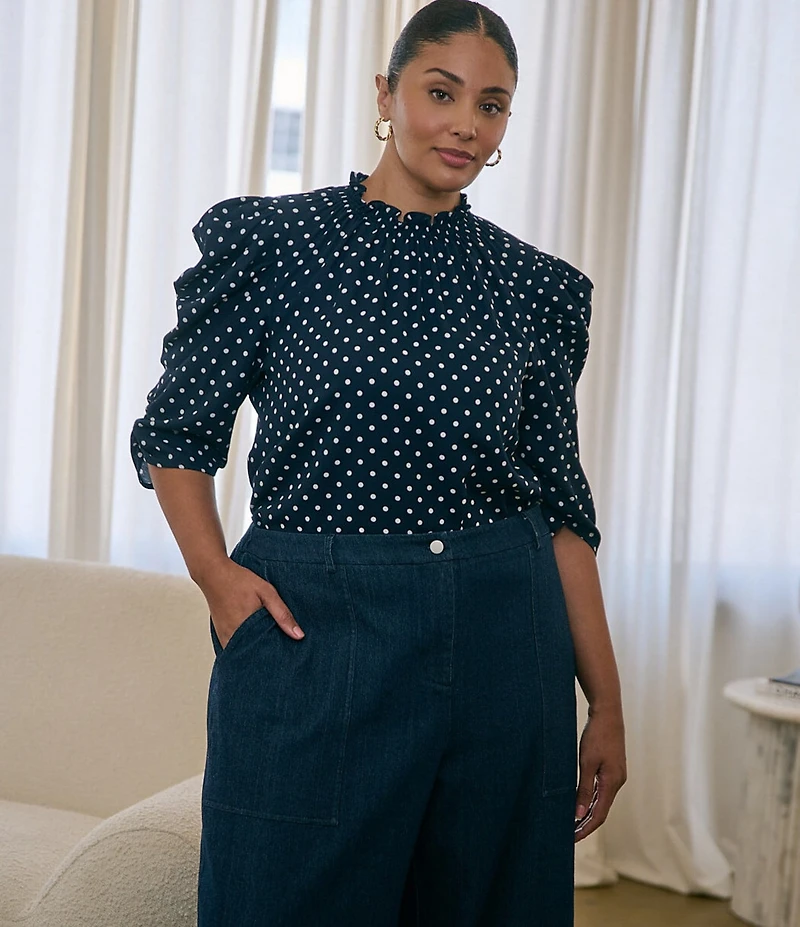 Sugarlips Plus Size Polka Dot Smocked Mock Neck Draped Sleeve Top