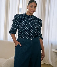 Sugarlips Plus Size Polka Dot Smocked Mock Neck Draped Sleeve Top