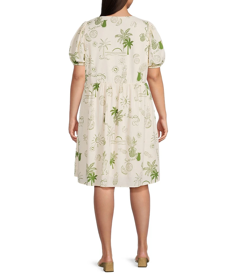 Sugarlips Plus Size Postcard Print Linen Puff Sleeve Mini Dress