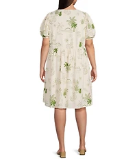 Sugarlips Plus Size Postcard Print Linen Puff Sleeve Mini Dress