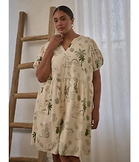 Sugarlips Plus Size Postcard Print Linen Puff Sleeve Mini Dress