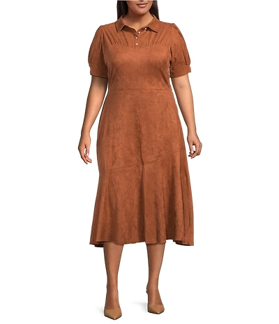 Sugarlips Plus Size Puffed Sleeve Asymmetrical Ruffle Faux Suede Midi Dress
