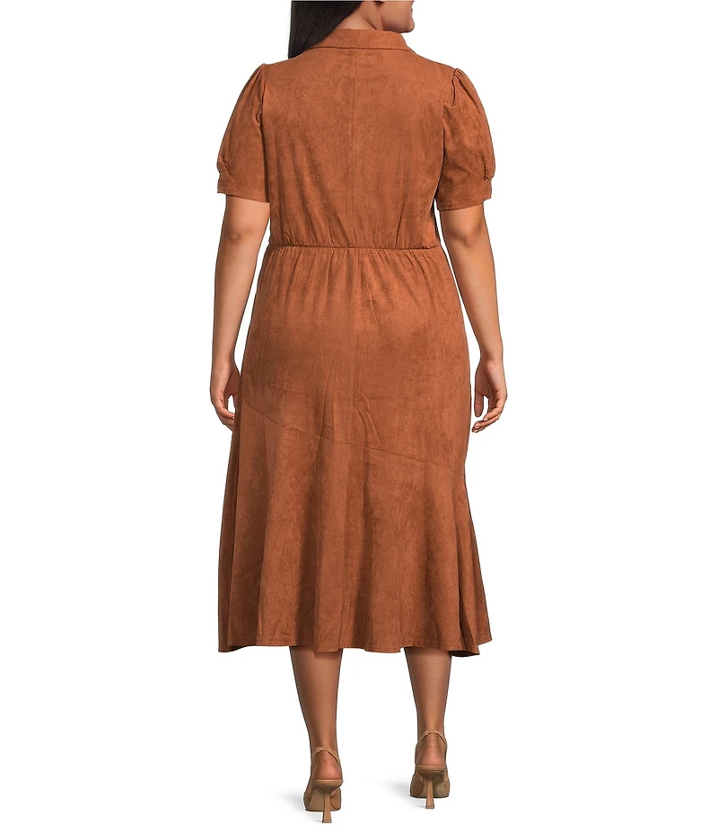 Sugarlips Plus Size Puffed Sleeve Asymmetrical Ruffle Faux Suede Midi Dress