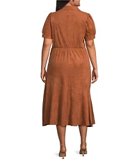 Sugarlips Plus Size Puffed Sleeve Asymmetrical Ruffle Faux Suede Midi Dress
