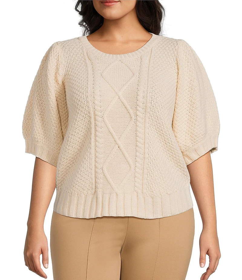 Sugarlips Plus Size Puffed Sleeve Cable Knit Sweater