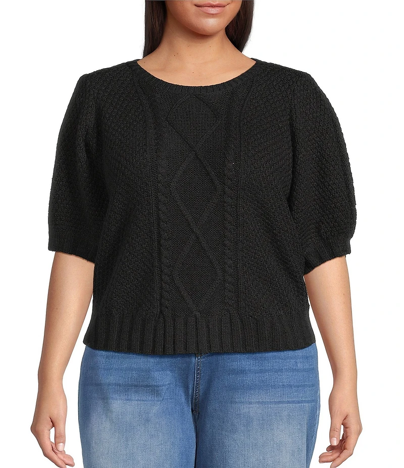 Sugarlips Plus Size Puffed Sleeve Cable Knit Sweater