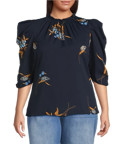 Sugarlips Plus Size Puffed Sleeve Dusk Bloom Floral Printed Blouse