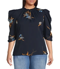 Sugarlips Plus Size Puffed Sleeve Dusk Bloom Floral Printed Blouse