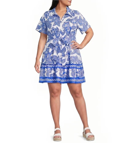 Sugarlips Plus Size Rency Floral Print Collared V-Neck Short Sleeve Button Down Mini Dress