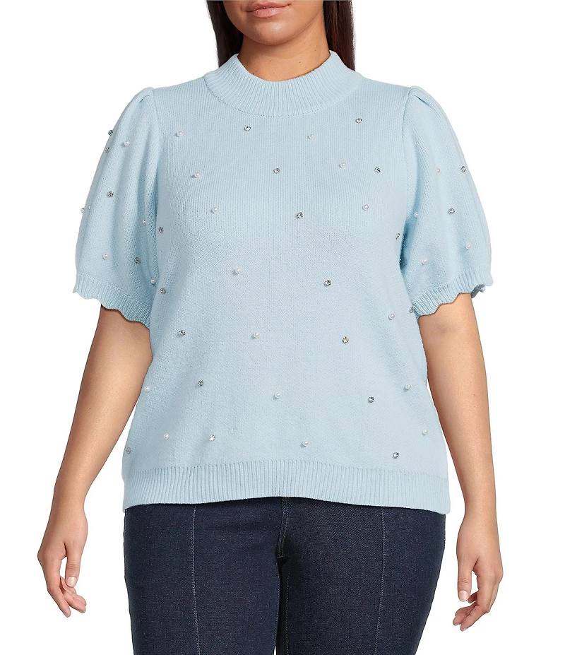 Sugarlips Plus Size Rhinestone Pearl Mock Neck Scallop Short Sleeve Sweater Top