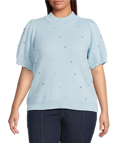 Sugarlips Plus Size Rhinestone Pearl Mock Neck Scallop Short Sleeve Sweater Top