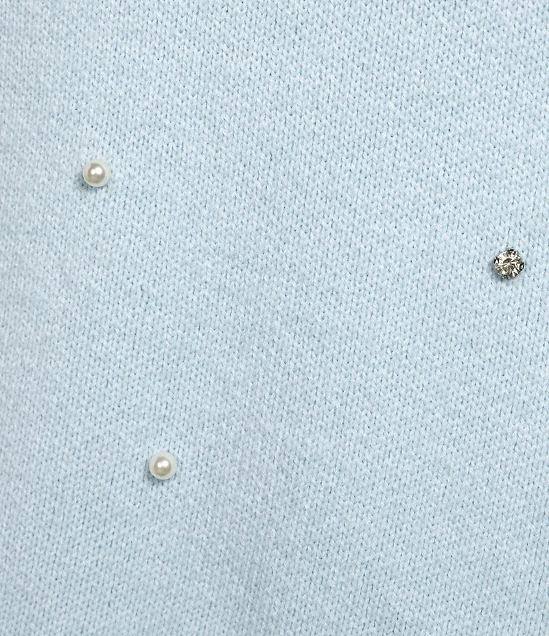 Sugarlips Plus Size Rhinestone Pearl Mock Neck Scallop Short Sleeve Sweater Top