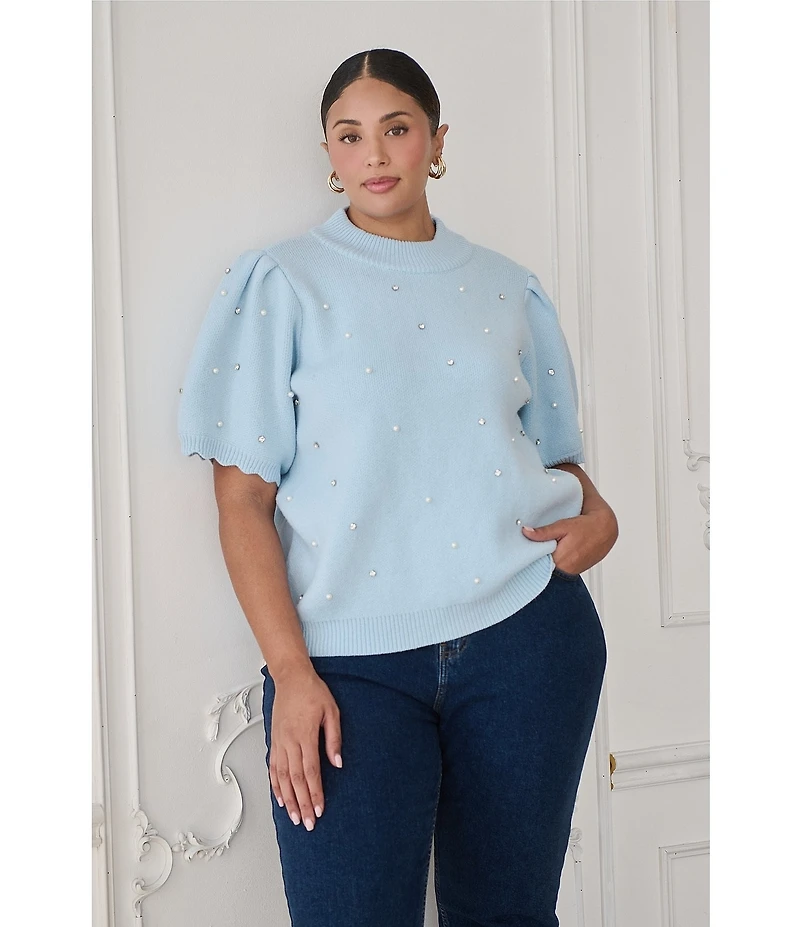 Sugarlips Plus Size Rhinestone Pearl Mock Neck Scallop Short Sleeve Sweater Top