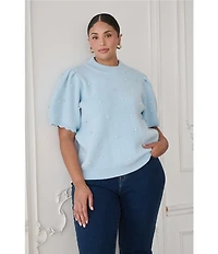 Sugarlips Plus Size Rhinestone Pearl Mock Neck Scallop Short Sleeve Sweater Top