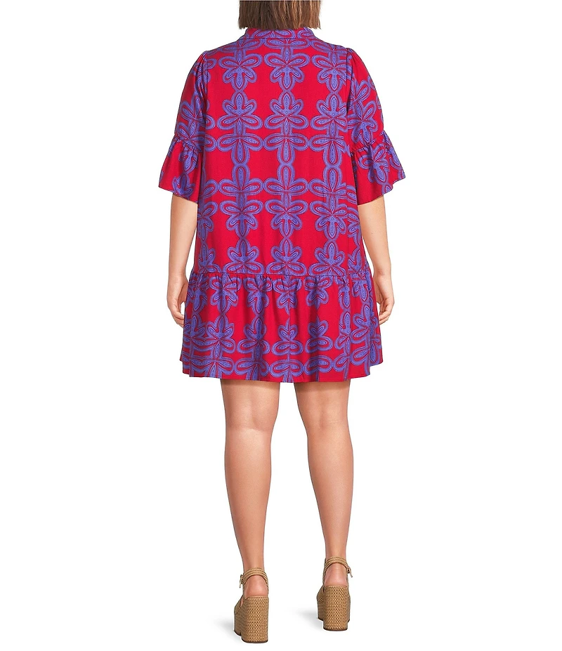 Sugarlips Plus Size Rory Abstract Haysville Printed Collared Elbow Sleeve Button Front Shift Linen Mini Dress