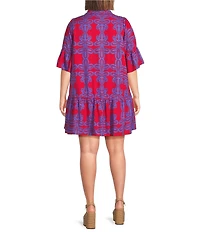 Sugarlips Plus Size Rory Abstract Haysville Printed Collared Elbow Sleeve Button Front Shift Linen Mini Dress