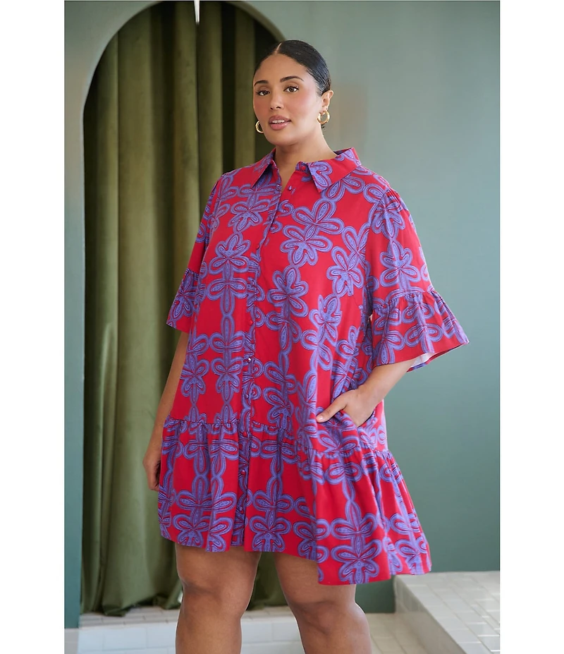 Sugarlips Plus Size Rory Abstract Haysville Printed Collared Elbow Sleeve Button Front Shift Linen Mini Dress