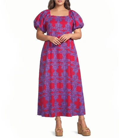Sugarlips Plus Size Rory Abstract Printed Square Neck Short Puff Sleeve Linen Maxi Dress