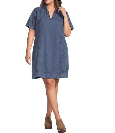 Sugarlips Plus Size Rosalind Denim Collared V-Neck Short Sleeve Shift Mini Dress