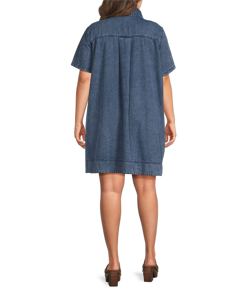 Sugarlips Plus Size Rosalind Denim Collared V-Neck Short Sleeve Shift Mini Dress