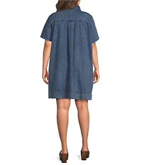 Sugarlips Plus Size Rosalind Denim Collared V-Neck Short Sleeve Shift Mini Dress