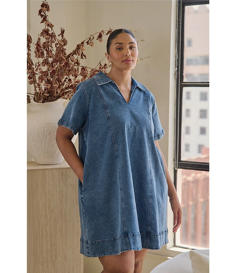 Sugarlips Plus Size Rosalind Denim Collared V-Neck Short Sleeve Shift Mini Dress