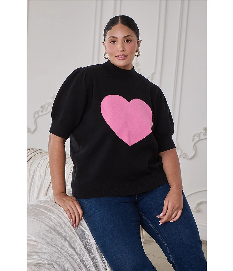 Sugarlips Plus Size Russel Heart Mock Neck Short Puff Sleeve Sweater