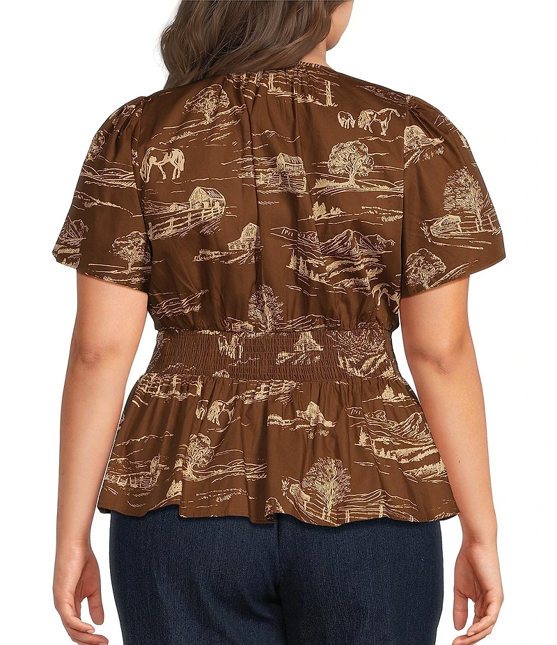 Sugarlips Plus Size Sarina Western Printed Split V-Neck Short Sleeve Smocked Poplin Peplum Top