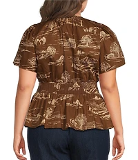 Sugarlips Plus Size Sarina Western Printed Split V-Neck Short Sleeve Smocked Poplin Peplum Top