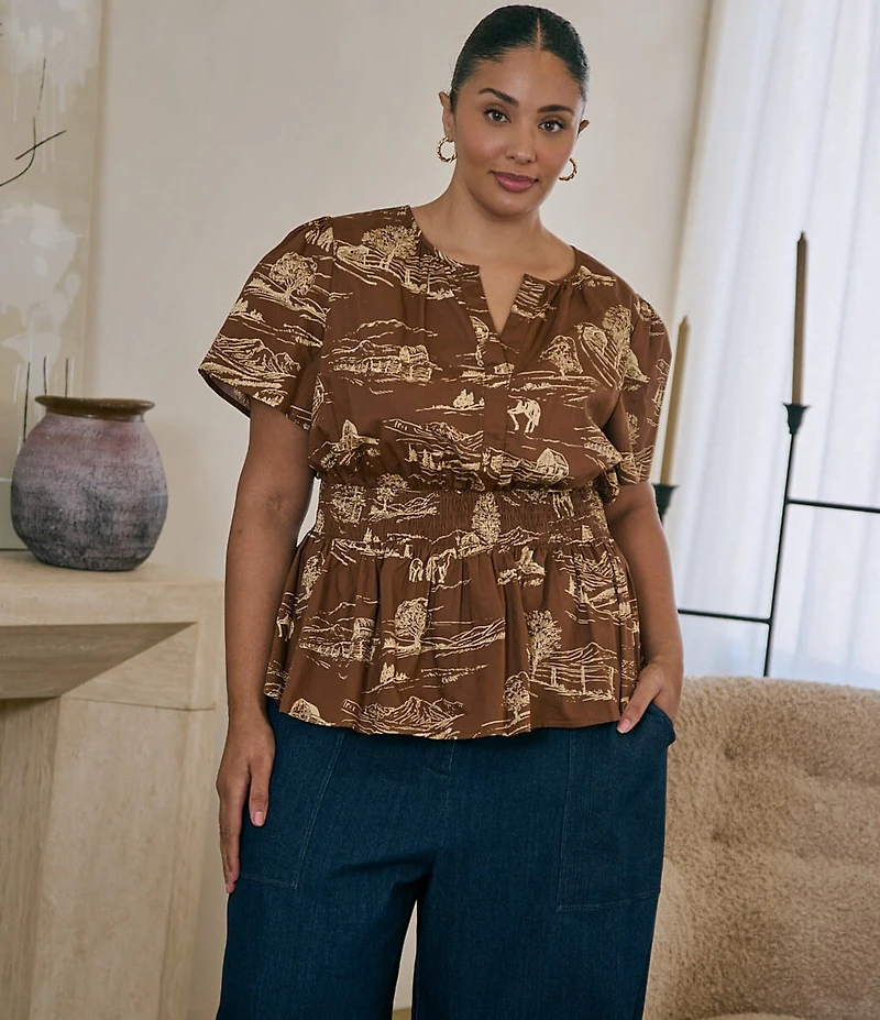 Sugarlips Plus Size Sarina Western Printed Split V-Neck Short Sleeve Smocked Poplin Peplum Top