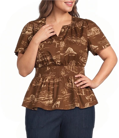 Sugarlips Plus Size Sarina Western Printed Split V-Neck Short Sleeve Smocked Poplin Peplum Top