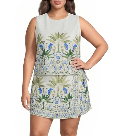 Sugarlips Plus Size Senara Floral Print Lisha Round Neck Sleeveless Coordinating Linen Top