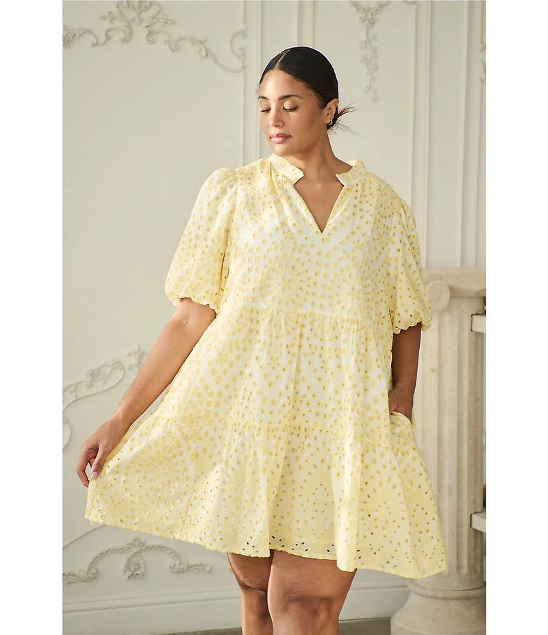 Sugarlips Plus Size Shayla Eyelet Jacey Split V-Neck Short Bubble Sleeve Baby Doll Mini Dress