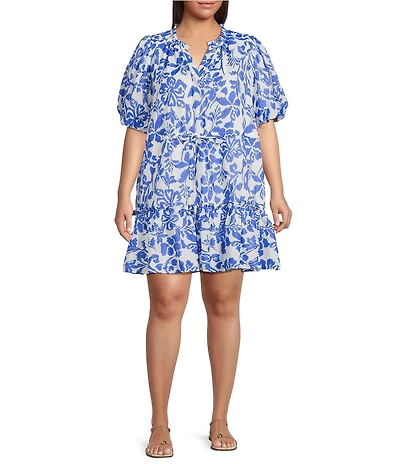 Sugarlips Plus Size Shia Floral Noella Split V-Neck Short Sleeve A-Line Mini Dress