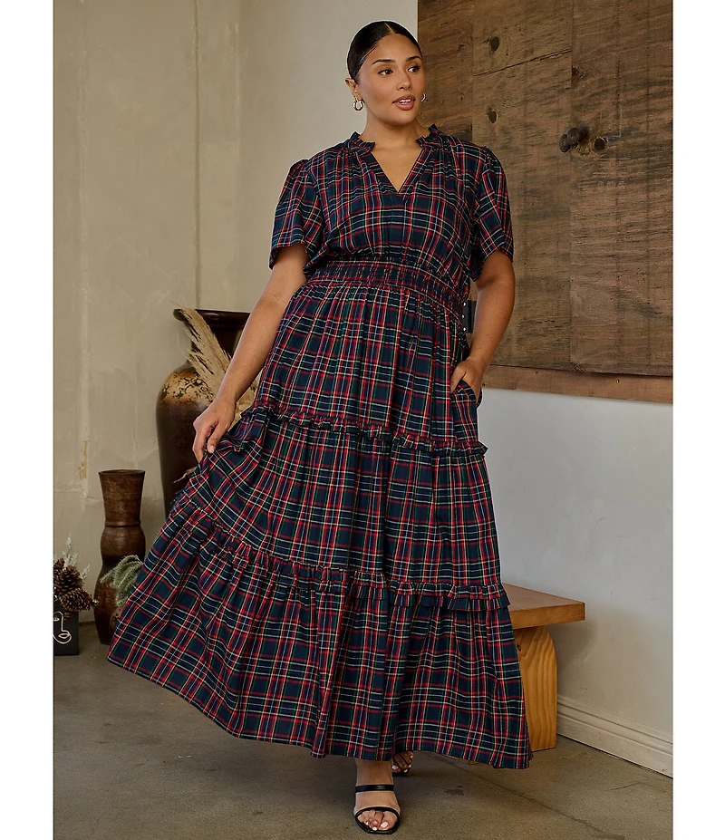 Sugarlips Plus Size Short Sleeve Plaid Smocked Waist Long Dress