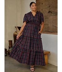 Sugarlips Plus Size Short Sleeve Plaid Smocked Waist Long Dress