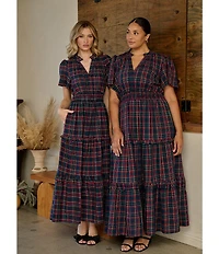 Sugarlips Plus Size Short Sleeve Plaid Smocked Waist Long Dress