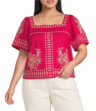 Sugarlips Plus Size Silvia Embroidered Square Neck Short Sleeve Top