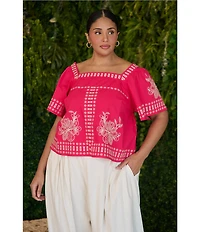 Sugarlips Plus Size Silvia Embroidered Square Neck Short Sleeve Top