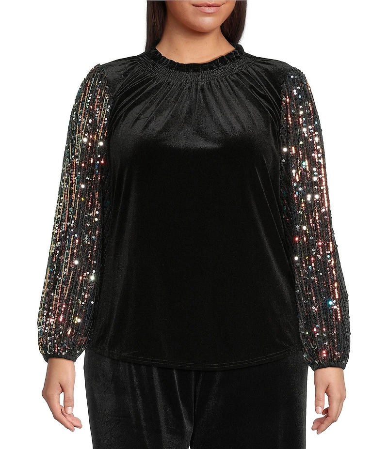 Sugarlips Plus Size Sparkle City Velvet Ruffle Mock Neck Sequin Long Sleeve Top