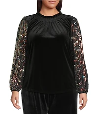 Sugarlips Plus Size Sparkle City Velvet Ruffle Mock Neck Sequin Long Sleeve Top