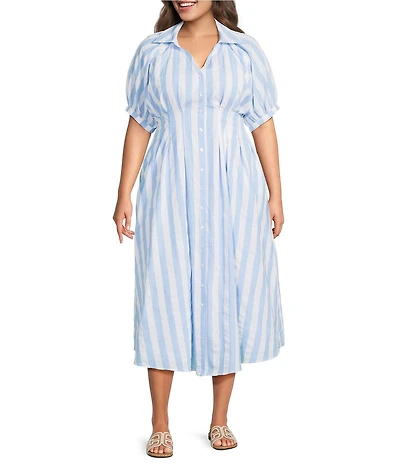 Sugarlips Plus Size Stripe Printed Collared V-Neck Short Sleeve Button Down Midi Dress