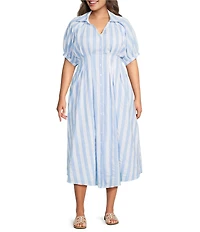 Sugarlips Plus Size Stripe Printed Collared V-Neck Short Sleeve Button Down Midi Dress