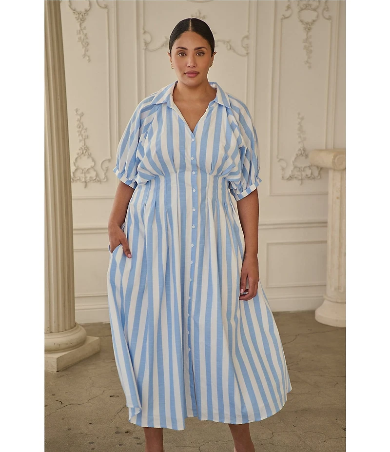 Sugarlips Plus Size Stripe Printed Collared V-Neck Short Sleeve Button Down Midi Dress
