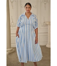 Sugarlips Plus Size Stripe Printed Collared V-Neck Short Sleeve Button Down Midi Dress