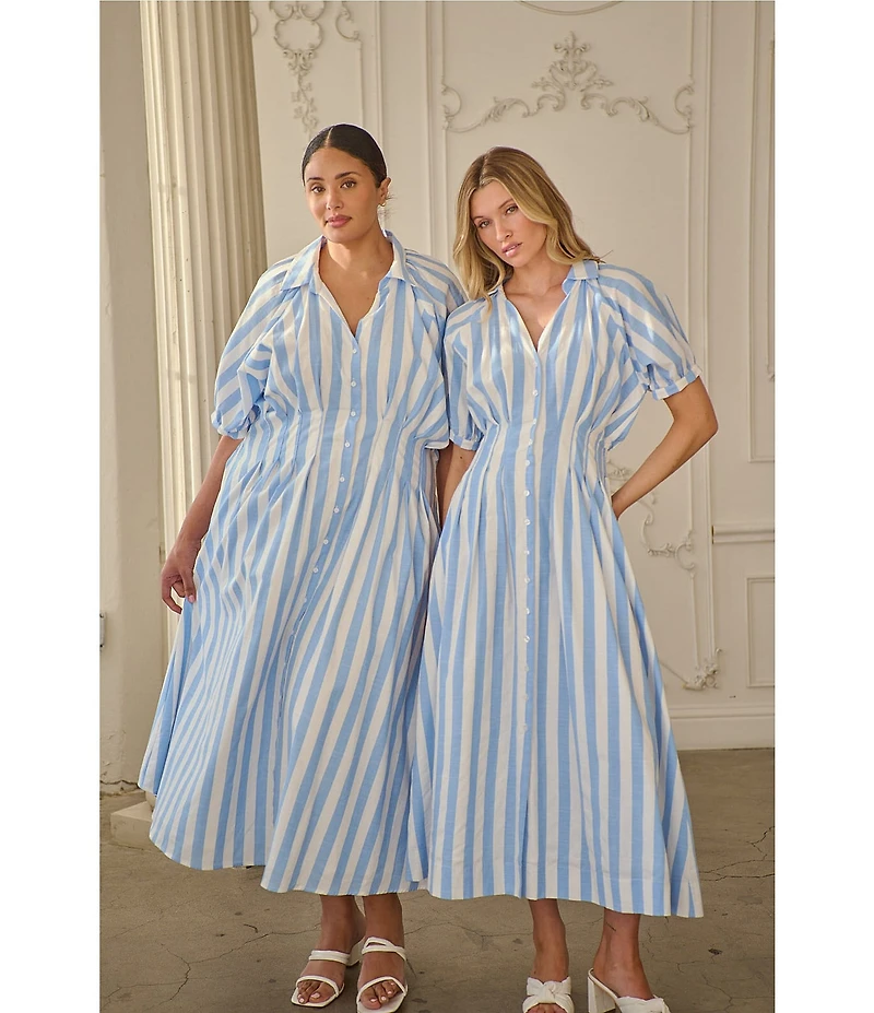 Sugarlips Plus Size Stripe Printed Collared V-Neck Short Sleeve Button Down Midi Dress